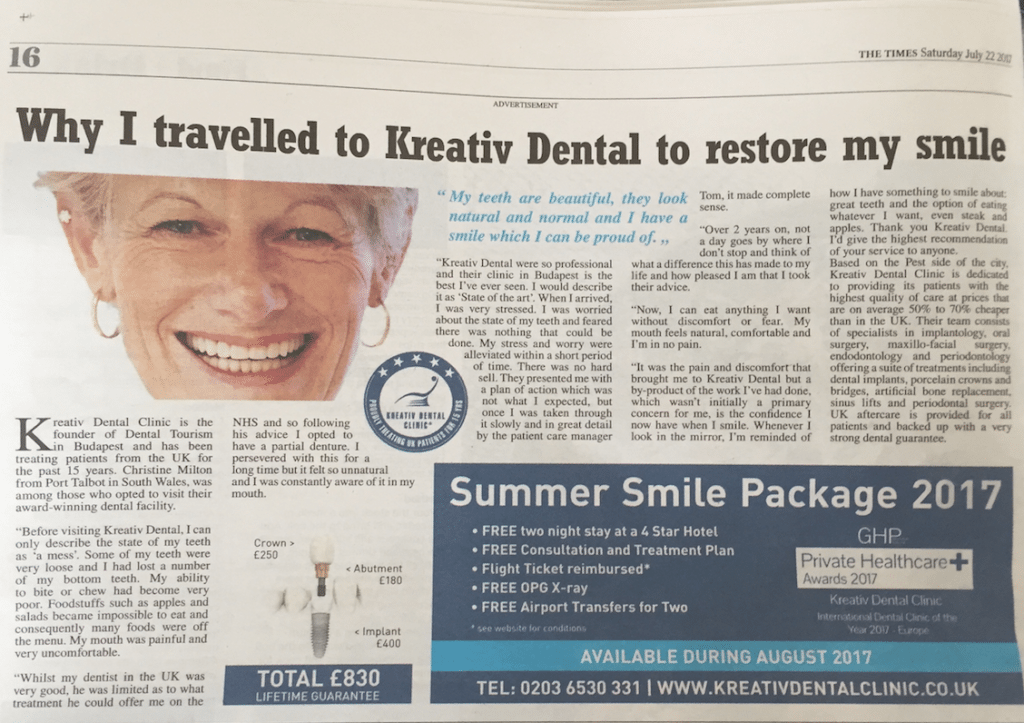 Kreativ Dental advert in the Times (UK)